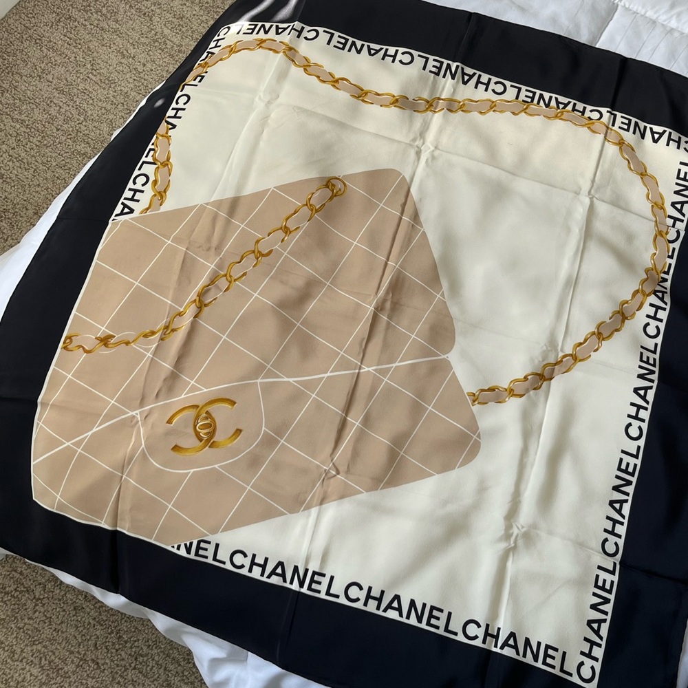 CHANEL Black and Cream Scarf with Gold Chain Design